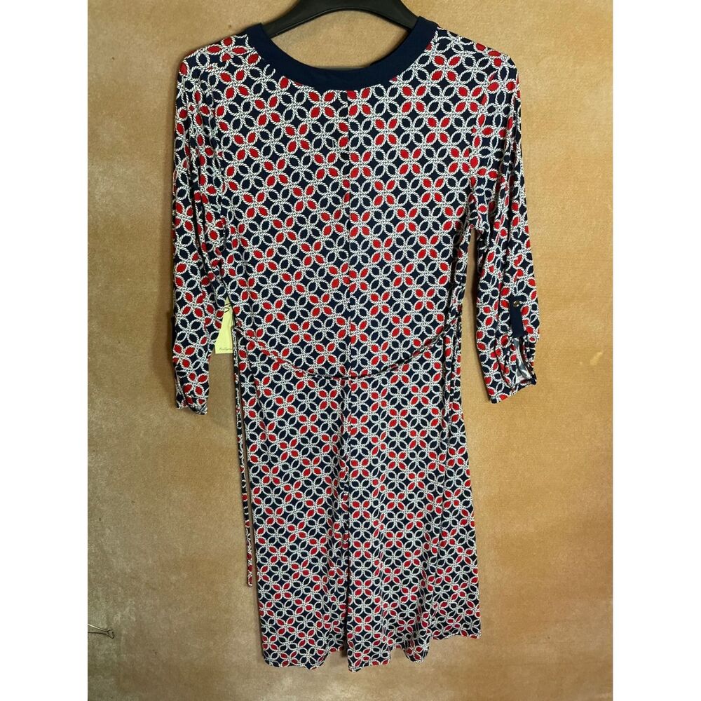 Per‎ Sption Concept Navy Red White Geometric Print V Neck Midi Dress Women L - Picture 6 of 10